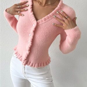 Pink Fuzzy Frill-Trim Button Cardigan